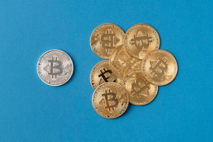 Minimalistic still life with cryptocurrency coins