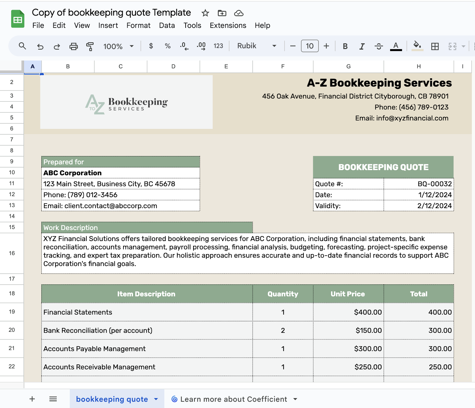 Coefficient bookkeeping template