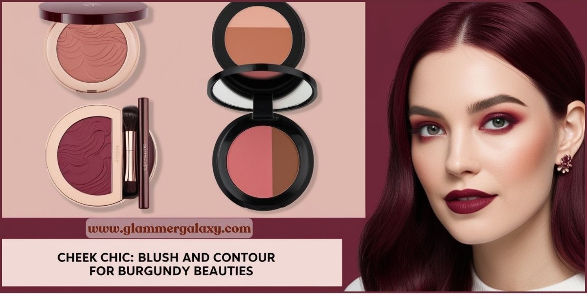 Cosmetics for blush and contour on pink background, face showcasing burgundy hair.