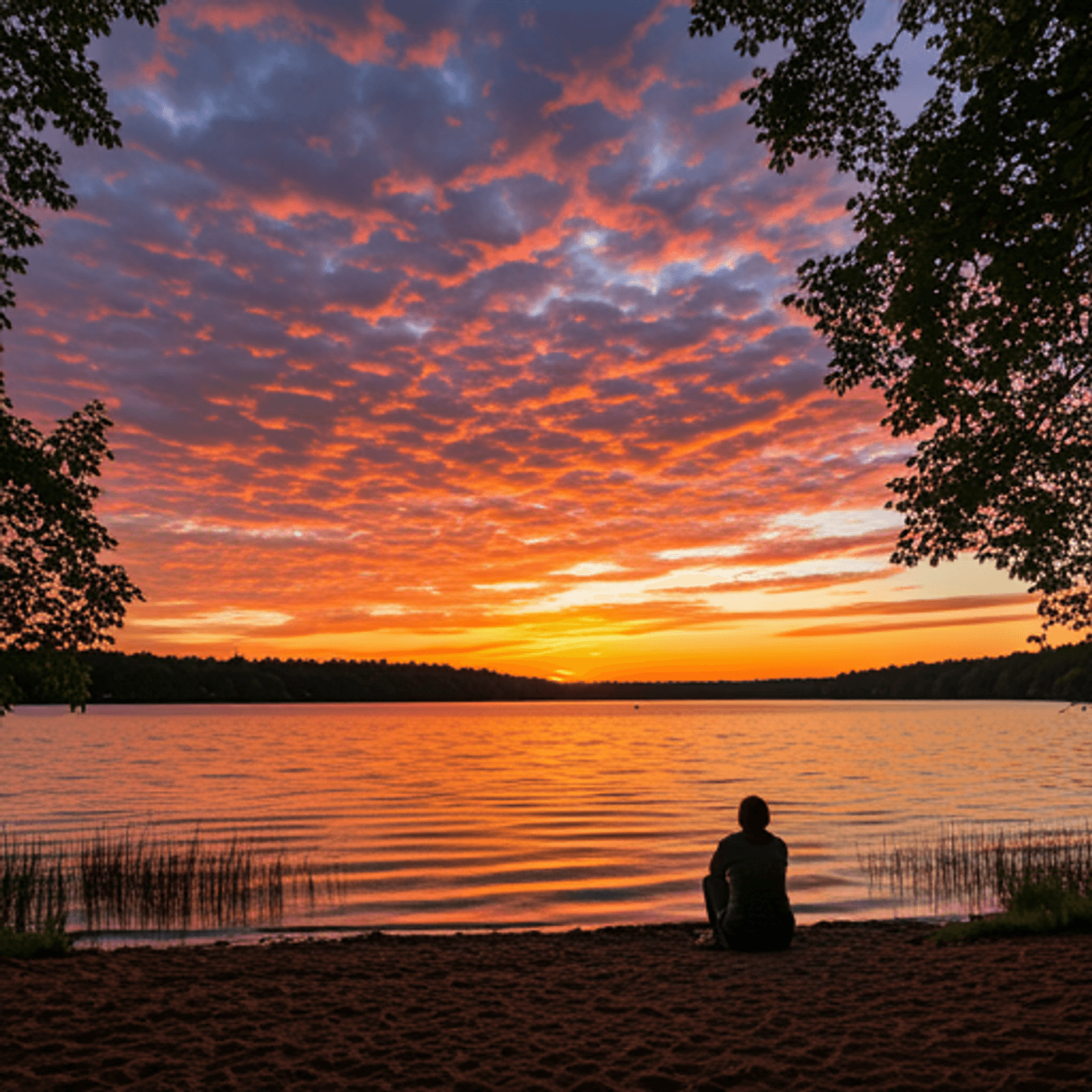 A person sits on a lakeside beach, admiring the vibrant orange sunset sky.