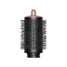 A round black and pink hair brush  Description automatically generated