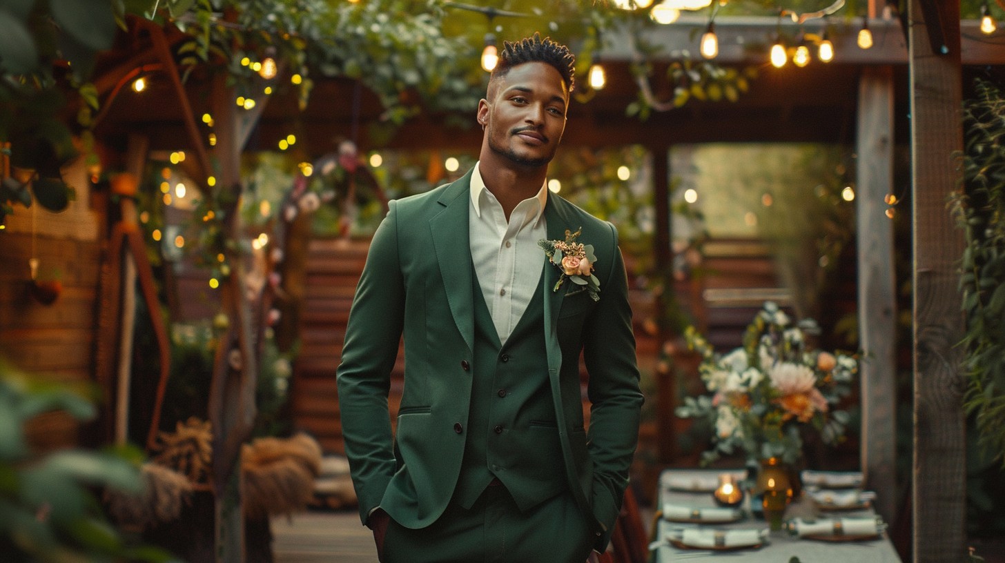 A stylish man wearing a perfectly fitted green suit at a wedding venue. The suit is forest or emerald green, paired with a crisp white dress shirt, brown leather shoes, and a soft floral boutonnière. He stands confidently outdoors, with soft lighting, greenery in the background, and light decorations (like string lights or florals). The vibe is elegant, modern, and celebratory wedding-ready fashion.