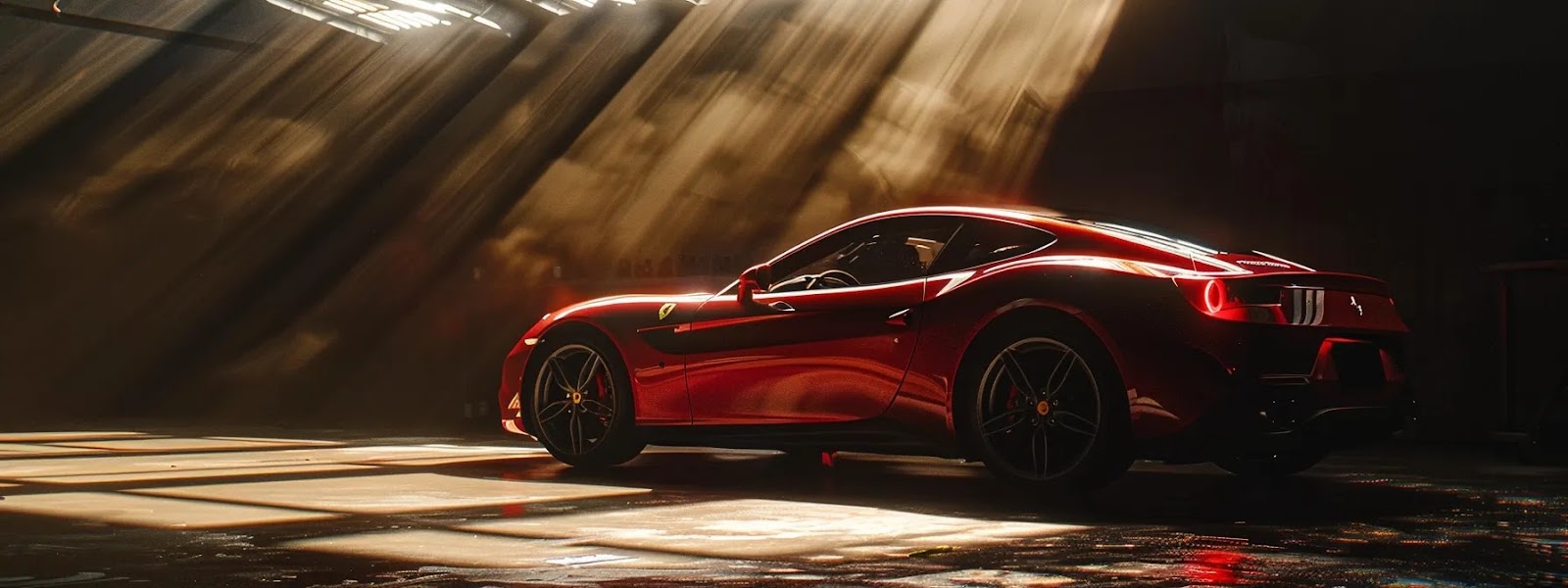 a shiny red sports car parked in a sunlit garage, reflecting the overhead lights and highlighting its sleek curves and polished exterior.