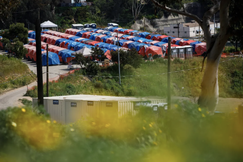 A cluster of red and blue tents are tightly aligned in rows during the daytime.