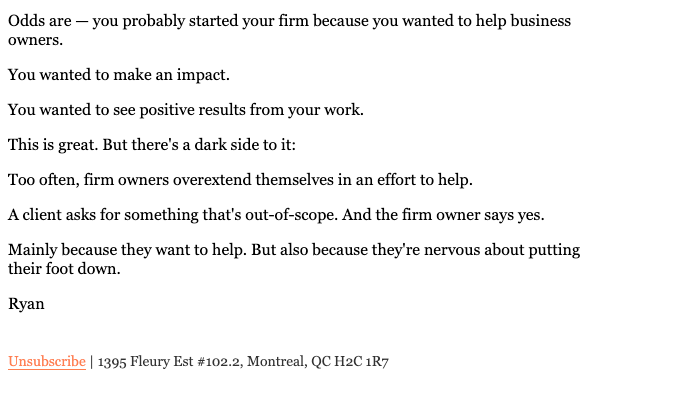 An email sent to Future Firm Accelerate members from Ryan Lazanis about firm owner's tendency to overextend themselves