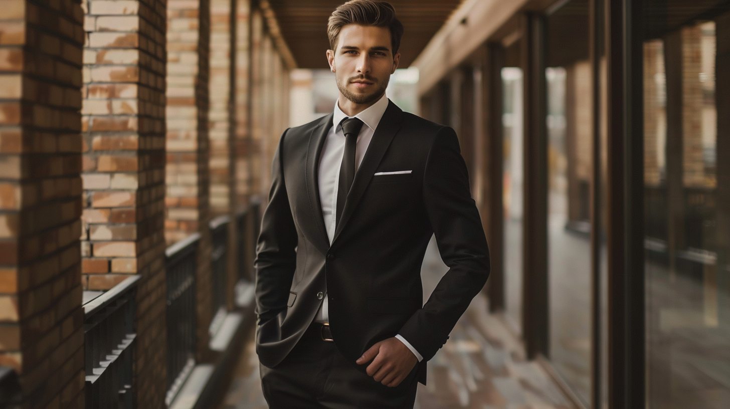 Minimalist modern look: man in a tailored black suit with white shirt and slim black tie, sleek silhouette, standing confidently in a formal yet stylish prom venue.