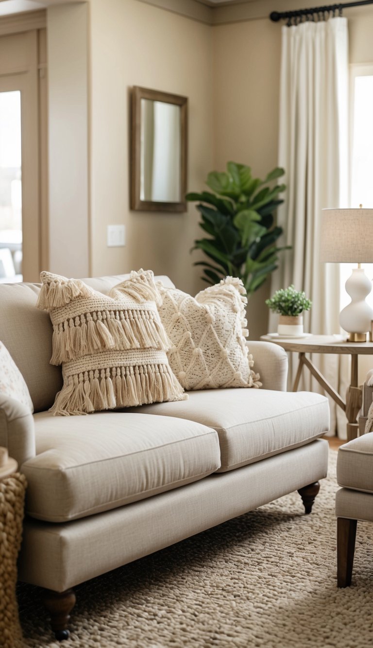 A cozy beige living room with a tassel fringe cushion on a neutral-colored sofa, surrounded by warm and inviting decor