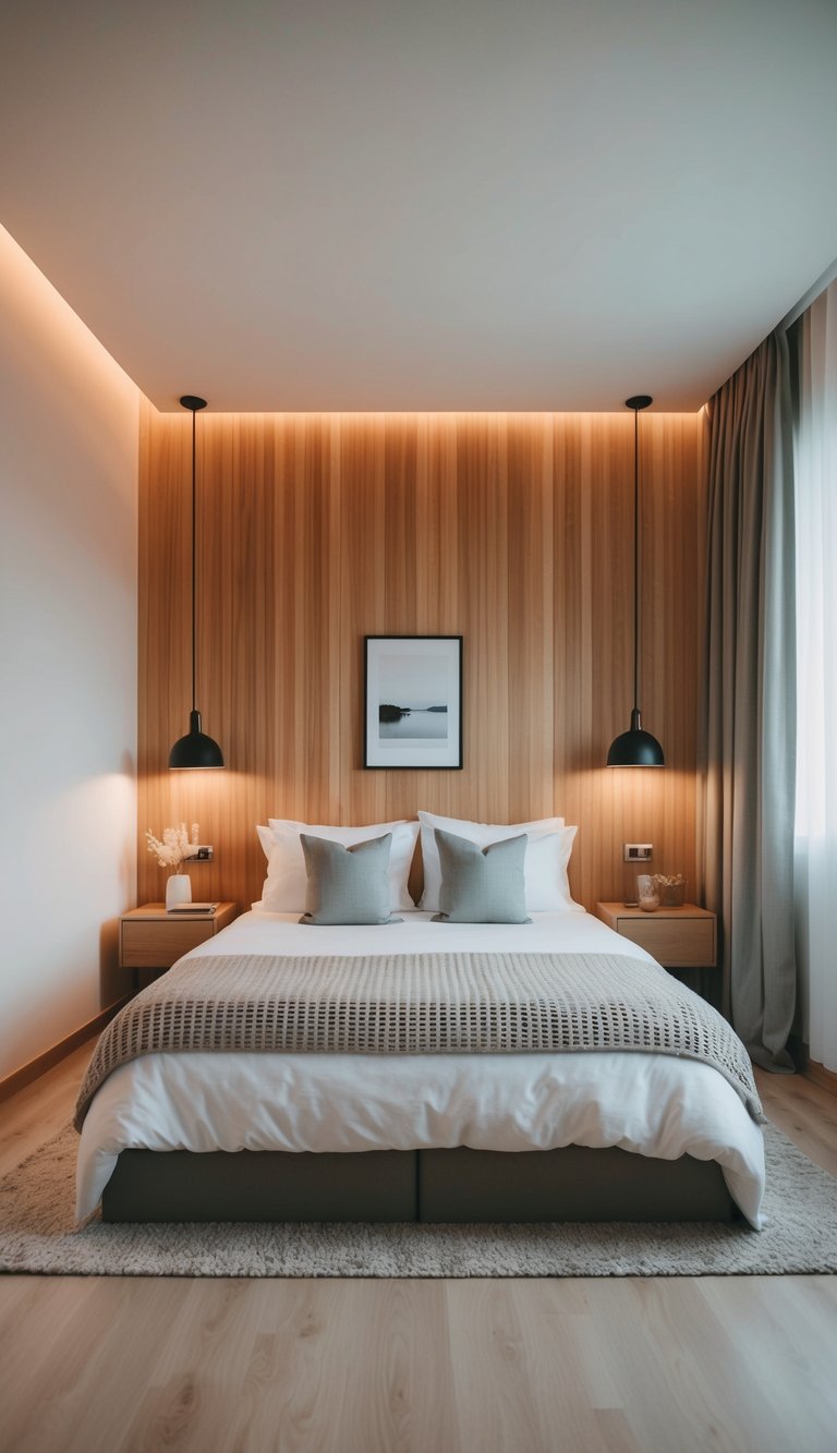 A cozy bedroom with a wooden accent wall, featuring minimalist decor and soft lighting