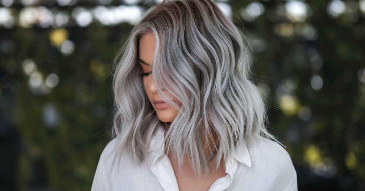 A woman with gray hair wearing a white shirt, showcasing a stylish look with Dirty Blonde Balayage highlights.