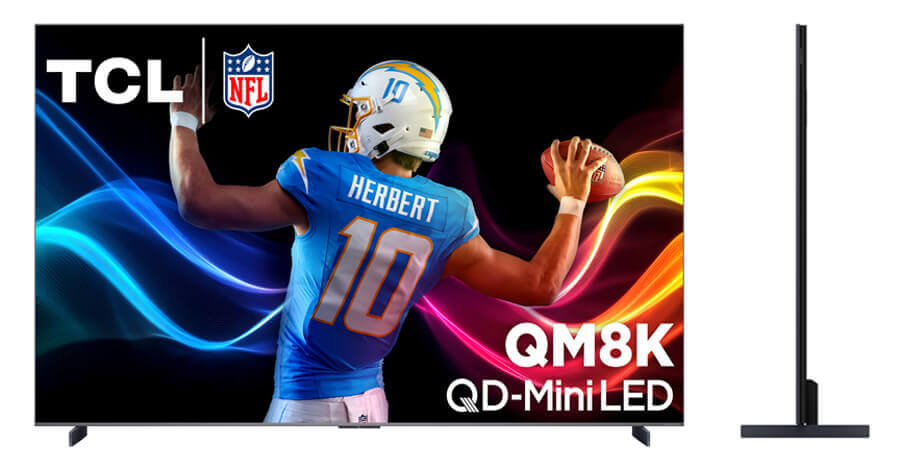 TCL QM8K QD-Mini LED TV front and side view.
