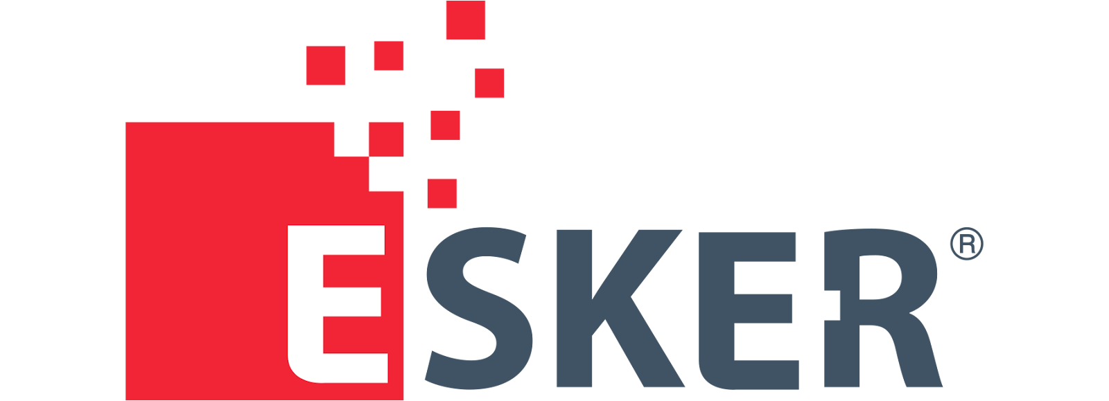 Logo of Esker, featuring bold navy-blue text with a red square and pixelated effect, symbolizing digital transformation and automation.