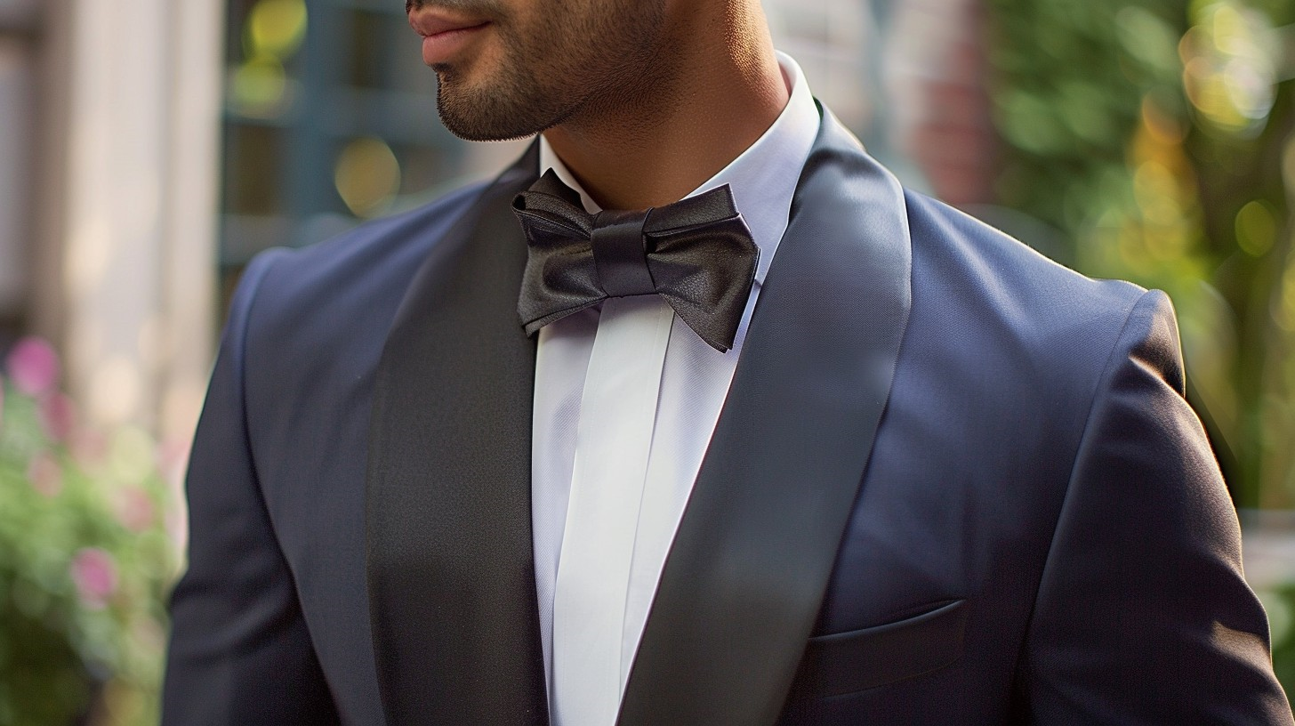 Man in a notch lapel tuxedo, modern style with subtle lapel cut-out, semi-formal wedding venue, wearing a tie instead of a bow tie, urban chic setting
