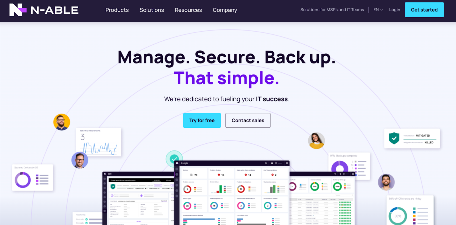 N-able - Best PSA software with integrated RMM. It says, "Manage. Secure. Back up. That simple."