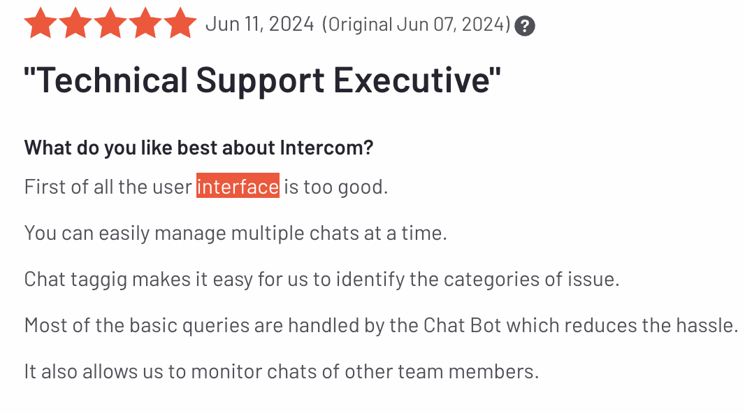 Intercom's user review on G2