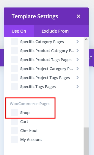 Setting a Divi template to the WooCommerce shop page.