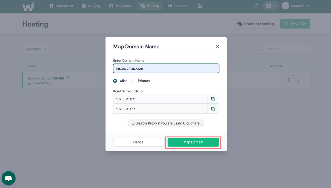 Return to InstaWP Live hosting panel and click on ‘Map Domain’. 