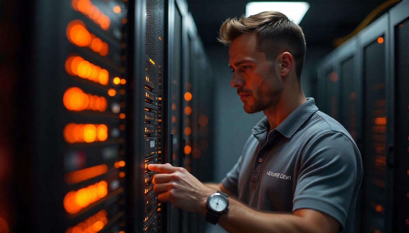The focused technician working on the server infrastructure in this image demonstrates the "Benefits of Outsourced Cybersecurity Services", which can provide specialized expertise and resources to maintain and protect critical systems.