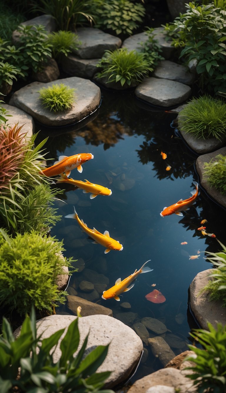 A serene koi pond nestled within a natural stone border, surrounded by lush greenery and colorful aquatic plants