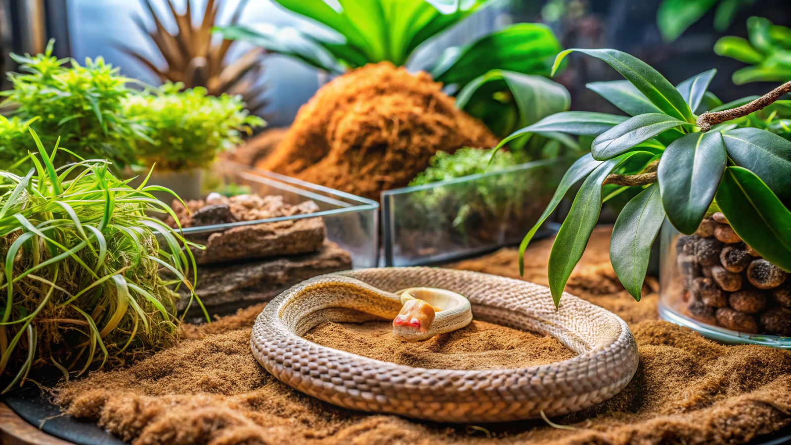 Substrato de fibra de coco sendo adicionado a um terrário tropical para cobras