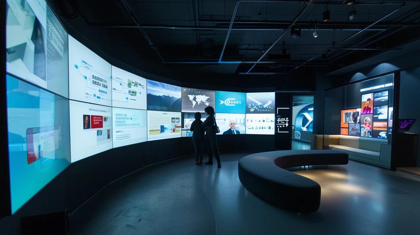 a modern, sleek office space showcases a vibrant brainstorming session, where a diverse team collaboratively develops innovative branding strategies on large digital screens, surrounded by visually impactful design elements like cohesive packaging mock-ups and a mood board illustrating compelling storytelling.