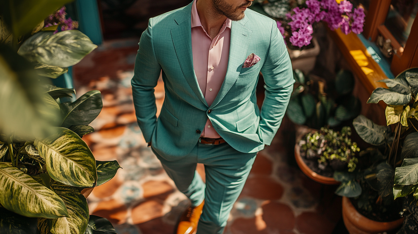 A men’s outfit featuring a well-tailored green suit in lighter shades like mint or sage, paired with a light pink dress shirt. The combination is playful yet elegant, perfect for spring or summer events. The suit is slim-fit, clean lines, and stylishly accessorized with a matching pastel pocket square and polished brown leather shoes. The setting is bright and outdoors, like a garden party or daytime wedding, highlighting the fresh, vibrant color palette. Focus on the full outfit composition without a full-body view, emphasizing the suit and shirt details.