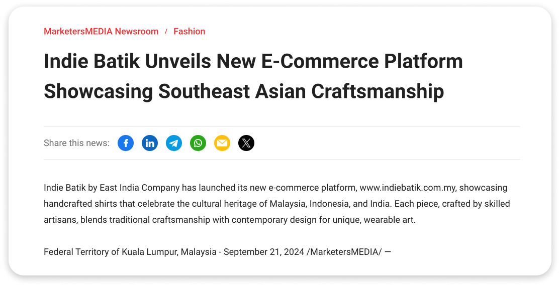 An example of a press release announcing the launch of Indie Batik's new e-commerce platform showcasing Southeast Asian craftsmanship.