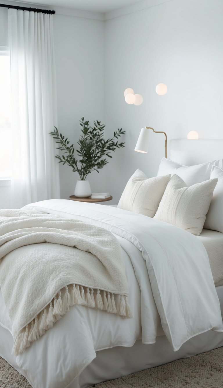 A cozy white comforter drapes over a plush bed in a serene white bedroom, with soft lighting and minimalistic decor creating a tranquil atmosphere