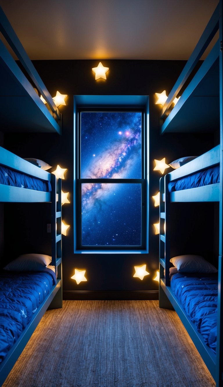 A space-themed bunk room with glowing stars, rocket-shaped bunks, and a large window looking out into the galaxy