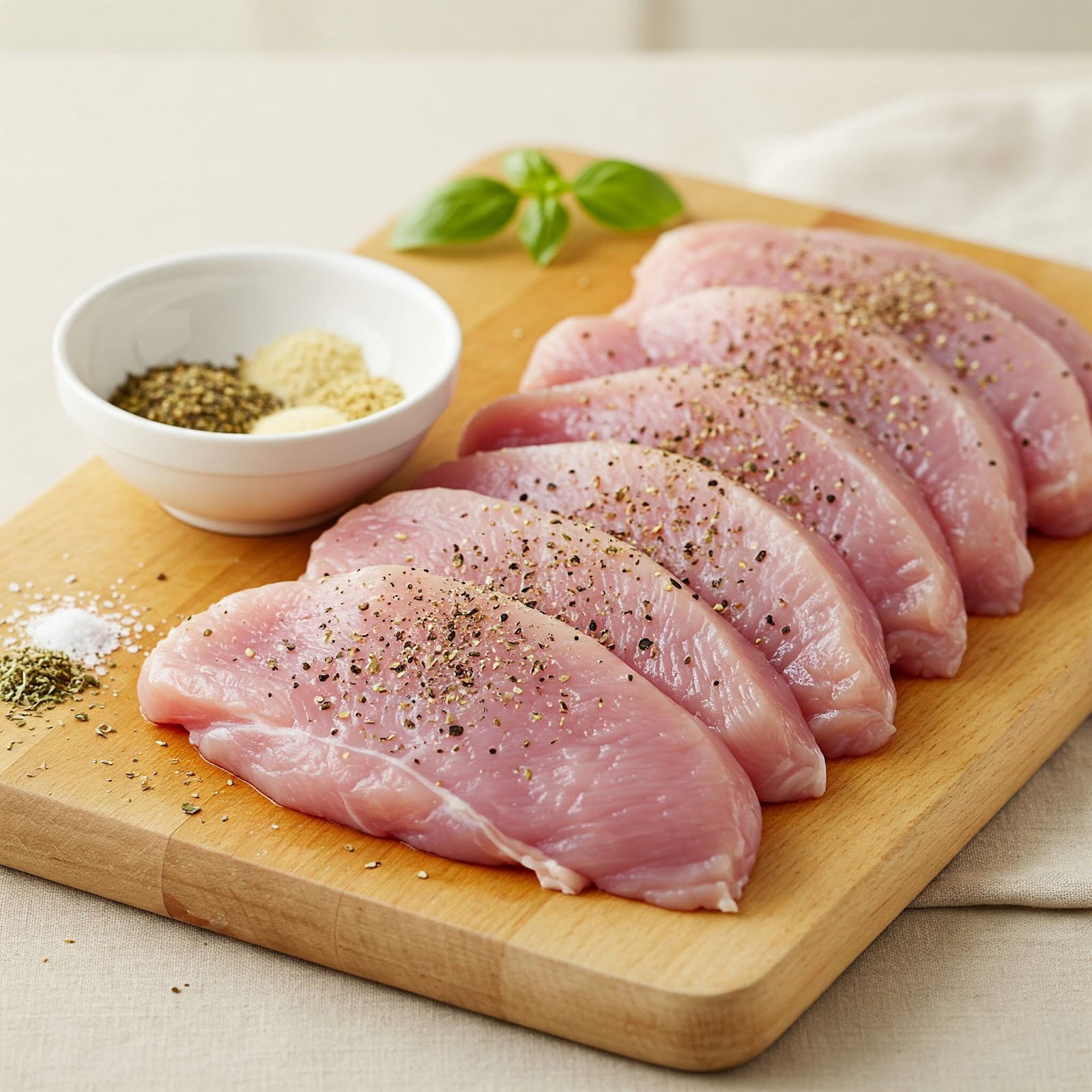 raw turkey cutlets seasoned with salt, pepper, garlic powder, basil, and oregano.