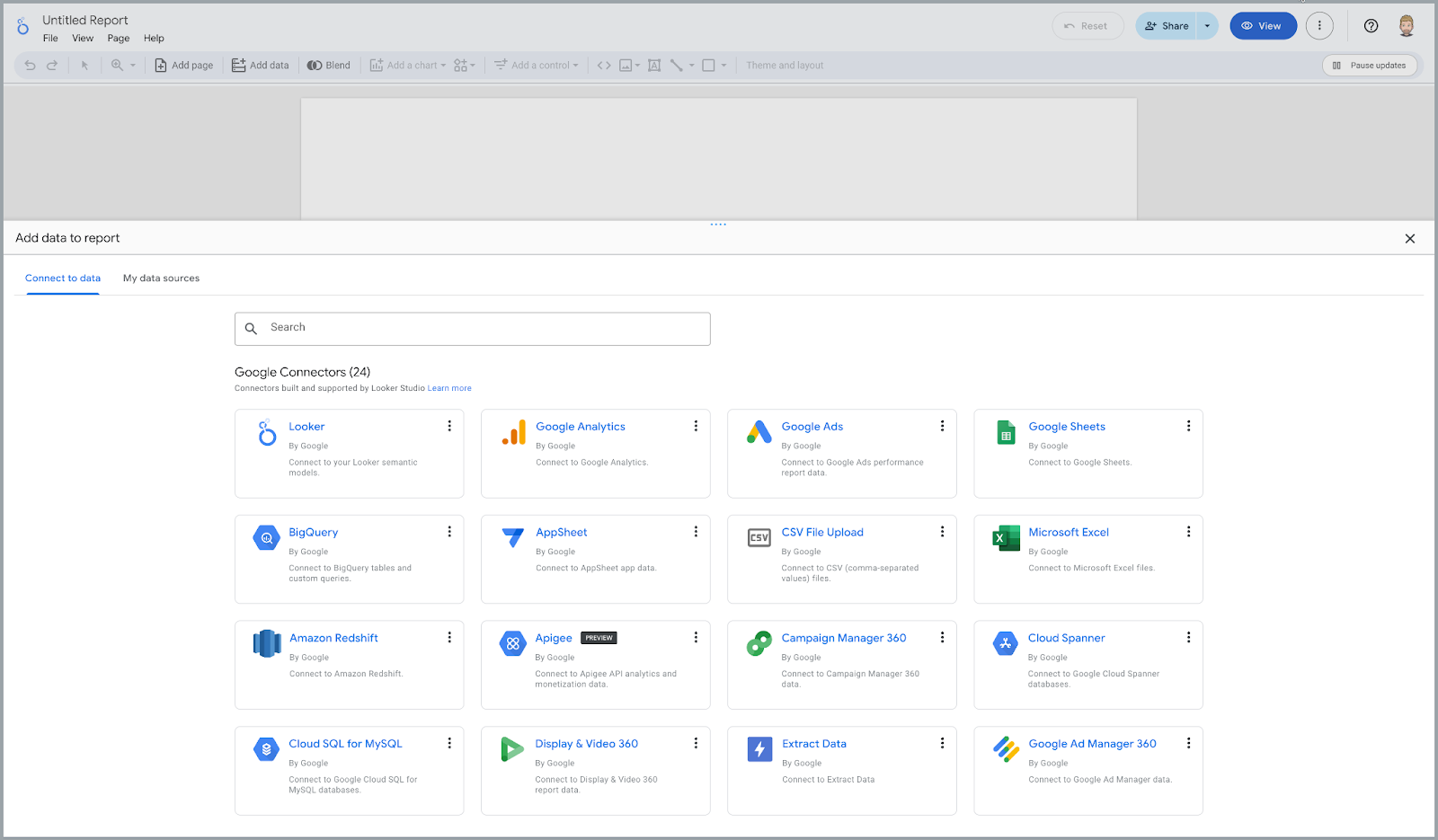The “Add data to report” panel—see connectors for Analytics, BigQuery, Sheets, and Excel; plus third-party integration options for advanced visualizations.