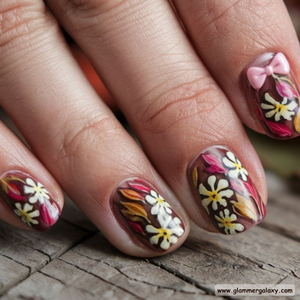 Short Fall Nail having Fall Floral Nail Designs
