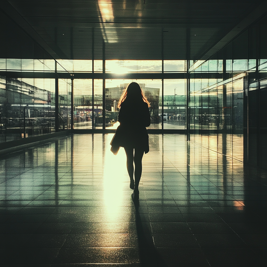 A woman walking through an airport | Source: Midjourney