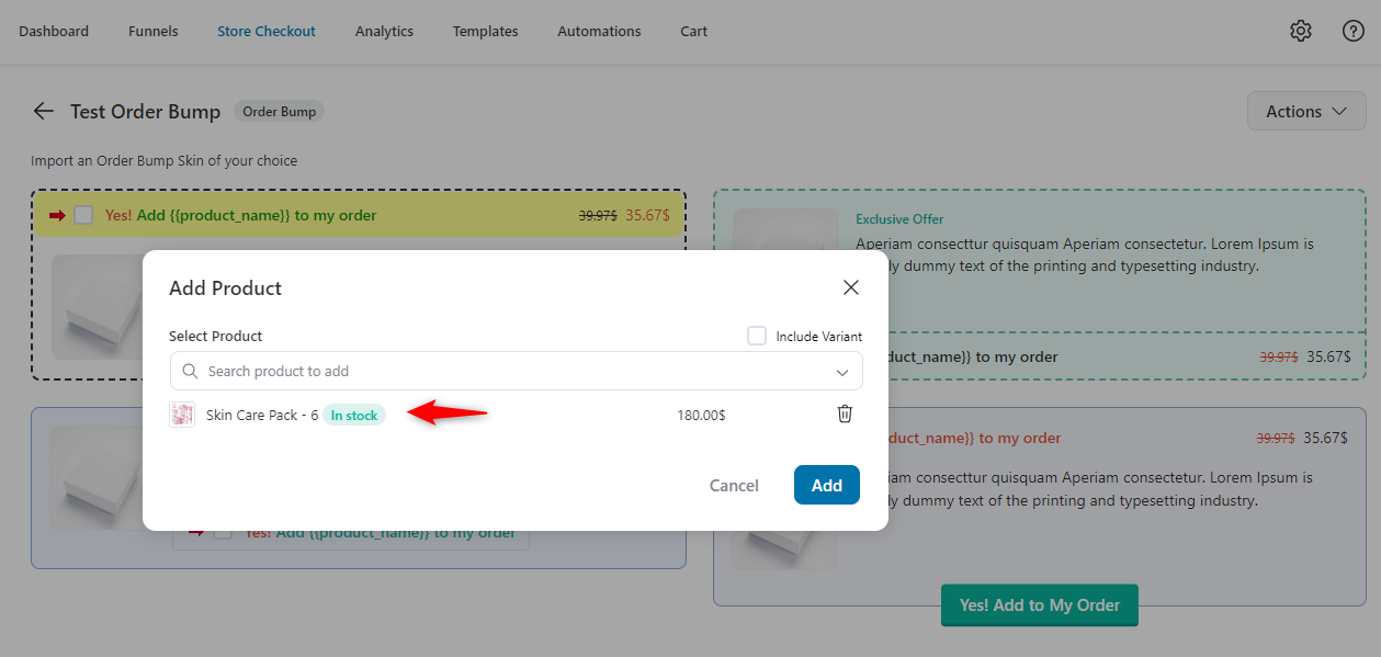 Upgrade cart through pre-purchase order bump