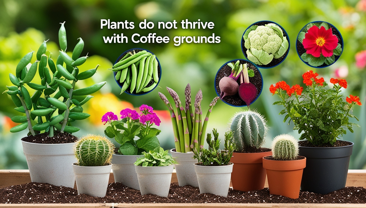 A collection of potted plants, including asparagus, peas, a cactus, a beet, and a cauliflower, with the text "Plants do not thrive with Coffee grounds" displayed above.