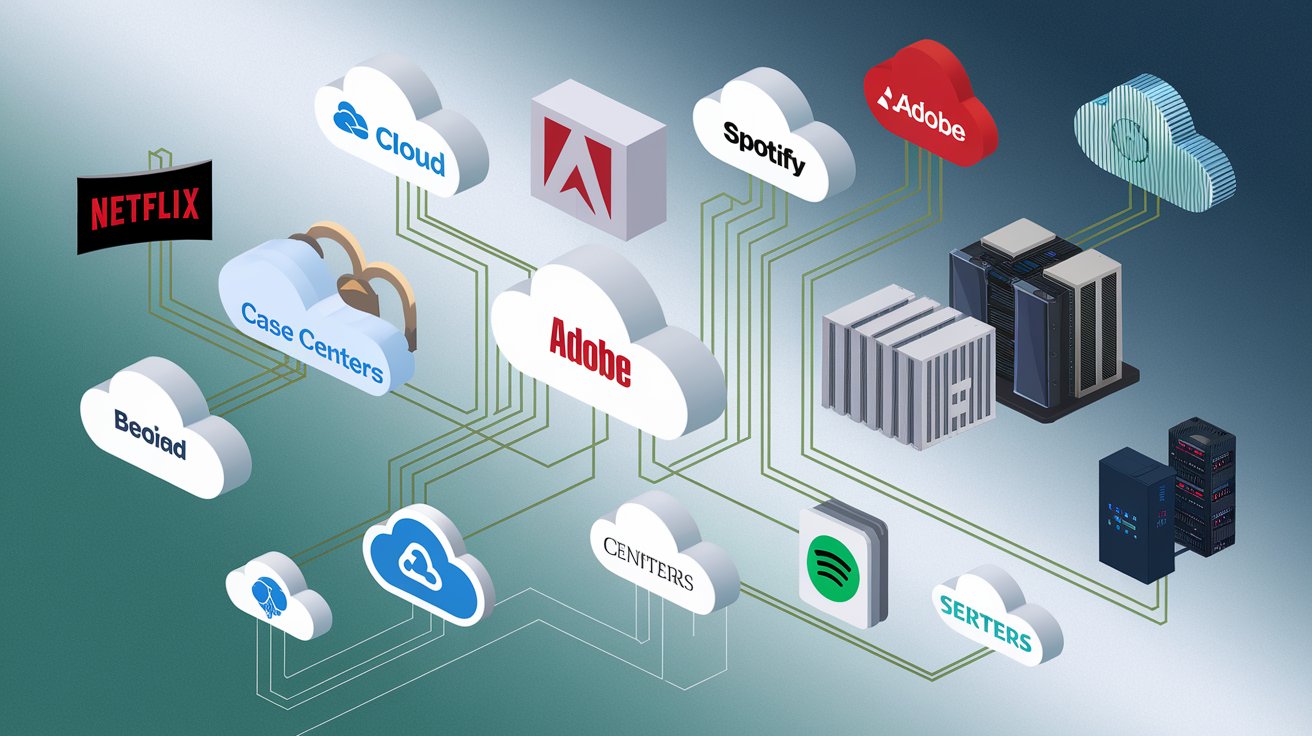 A collage of companies that have implemented green cloud solutions, connected through renewable energy lines