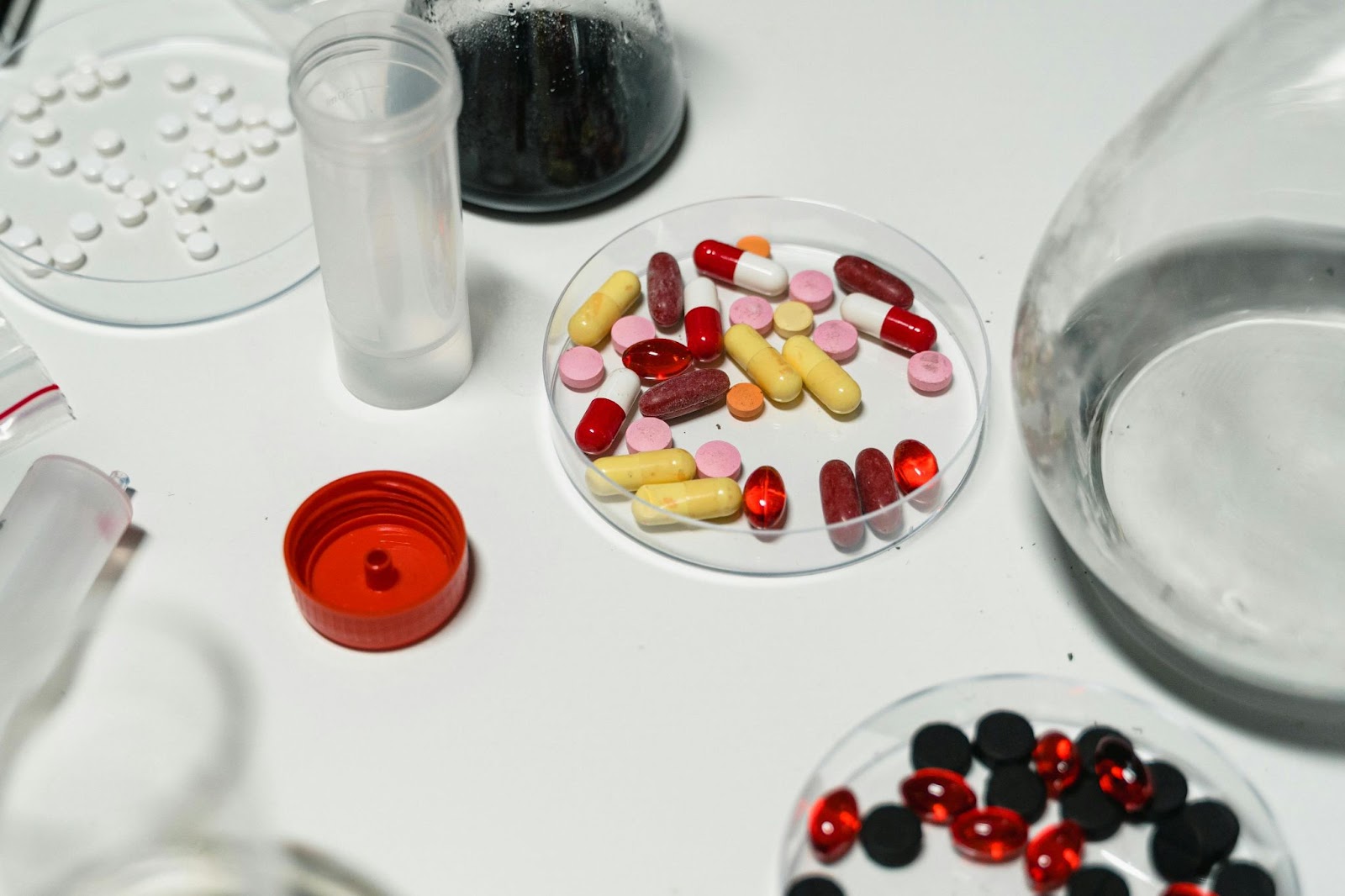 Various drugs displayed on a lab counter