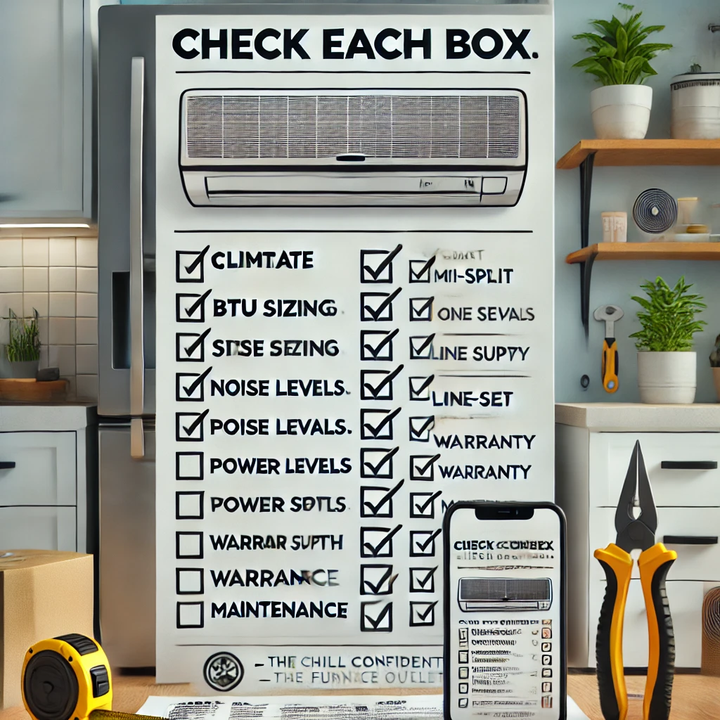 A printed mini-split buying checklist taped to a refrigerator beside a smartphone displaying the same list, surrounded by home planning tools.