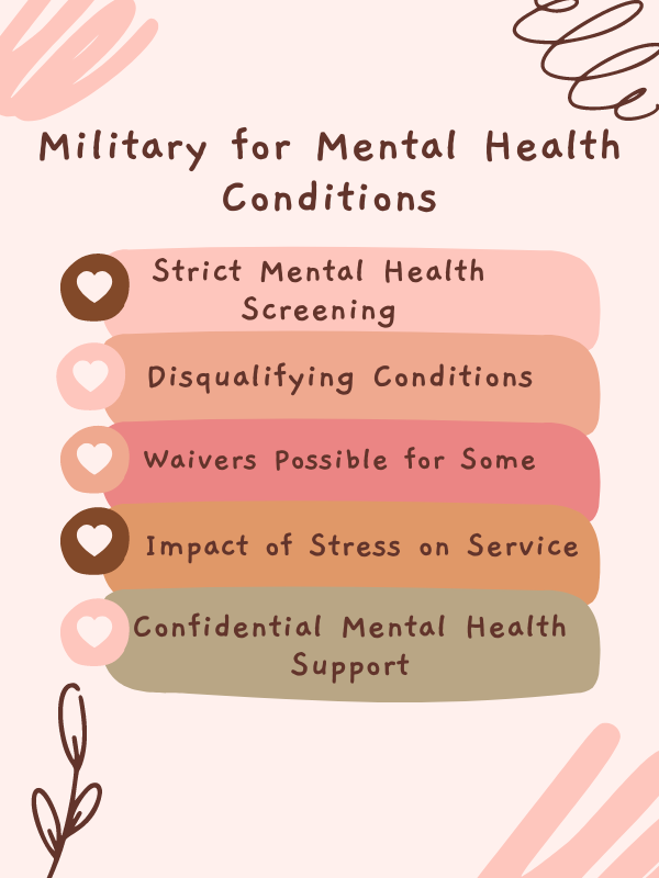 Infographic on military mental health conditions: screening, disqualifications, waivers, support.