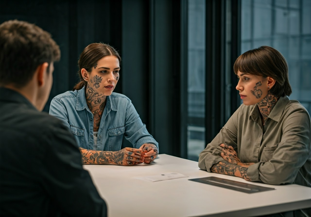 Job seekers discussing face tattoos