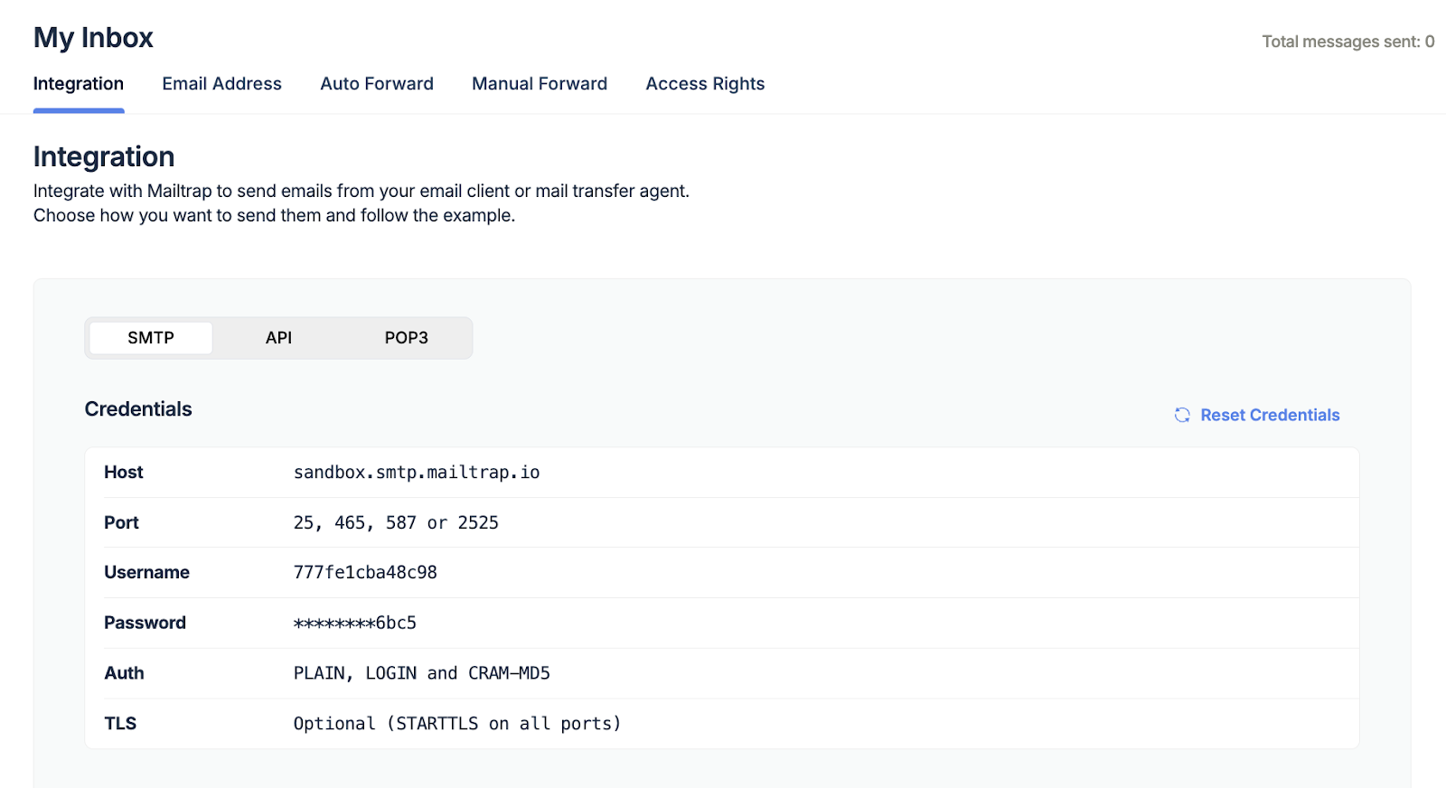 Mailtrap Email Testing SMTP credentials