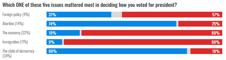 A horizontal bar chart showing voter issues: foreign policy, abortion, the economy, immigration, the state of democracy. The chart displays data in percentages, with blue, red, and grey color bars representing Democratic, Republican, and Other support levels.