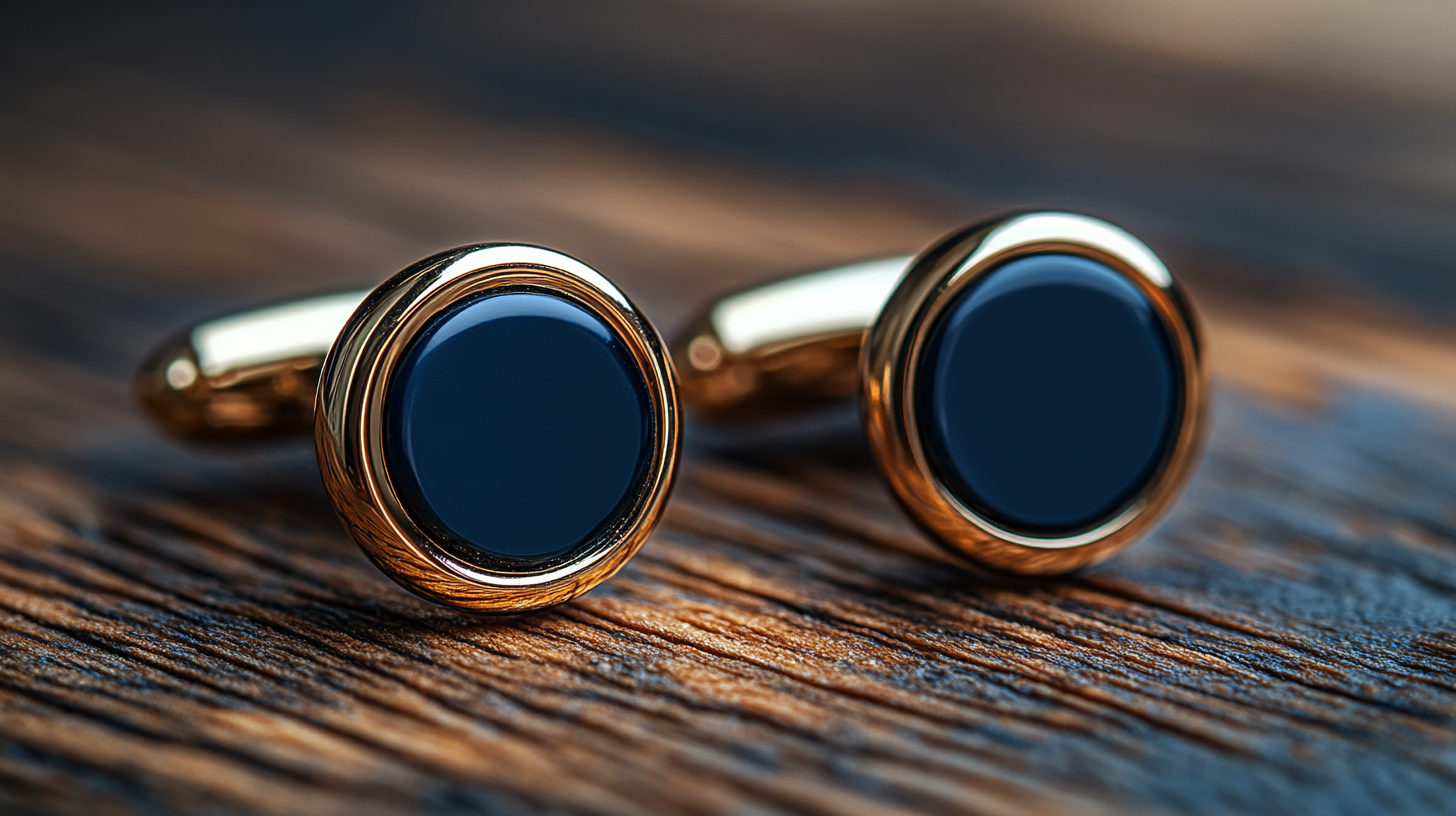 Silver or gold cufflinks, elegantly displayed on a wooden surface. The cufflinks shine under soft lighting, showing off their smooth, polished surface. A pair of stylish cufflinks adds a sophisticated shine to a navy suit.