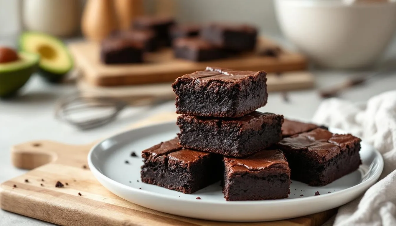 The image features a plate of rich, fudgy avocado chocolate brownies, topped with a sprinkle of shredded coconut and dark chocolate shavings. These keto brownies are made with almond flour, sugar-free chocolate chips, and unsweetened cocoa powder, making them a delicious low-carb dessert option for chocolate lovers.
