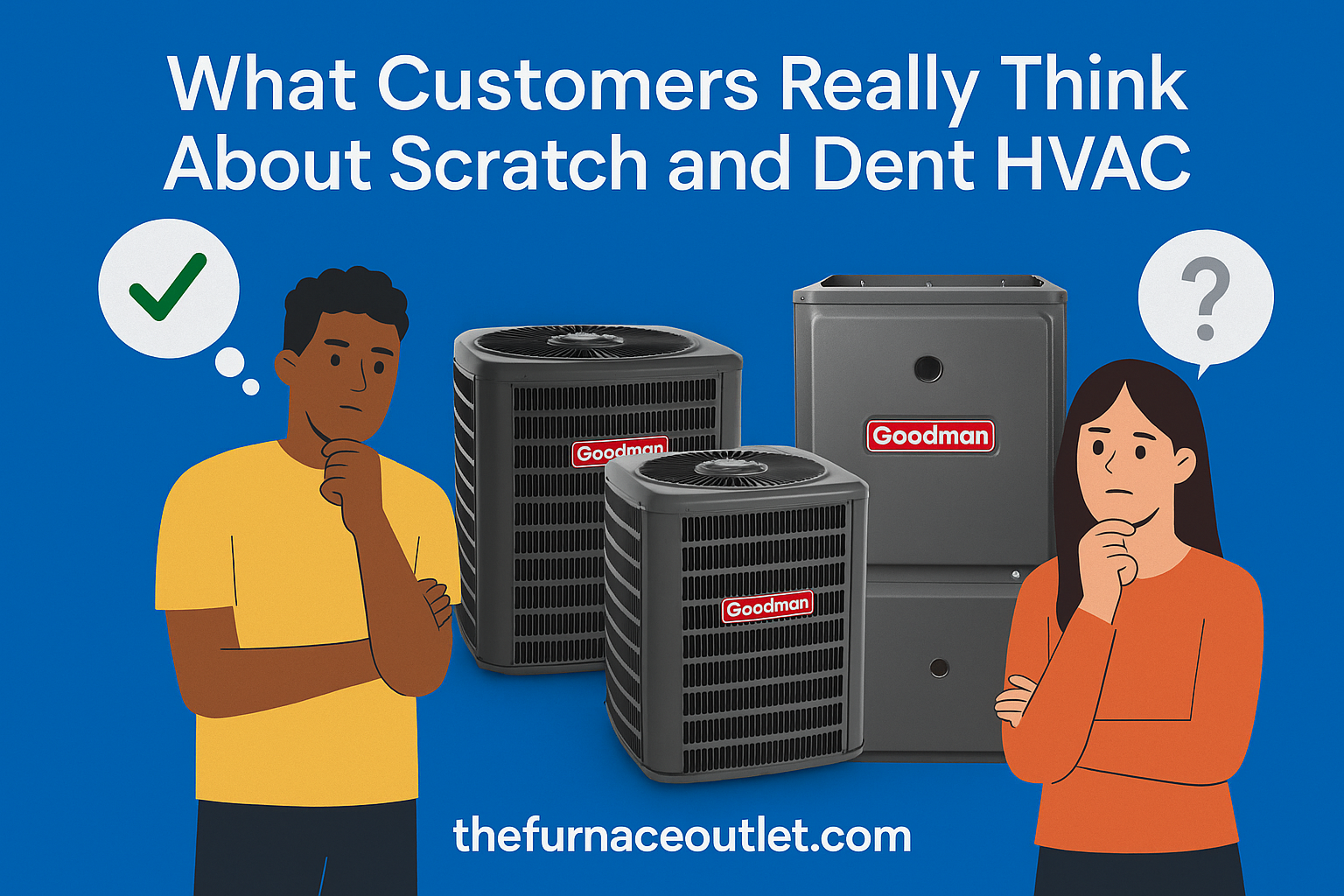 A digital advertisement from TheFurnaceOutlet.com shows two illustrated customers reacting to Goodman HVAC units—one approving, one skeptical—alongside a furnace and two AC condensers, set on a bold blue background to depict differing consumer views on scratch and dent products.