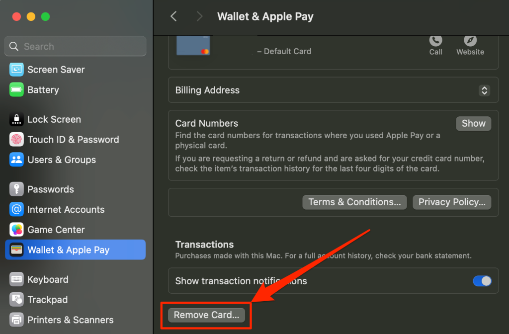 Steps to delete payment card on a Mac