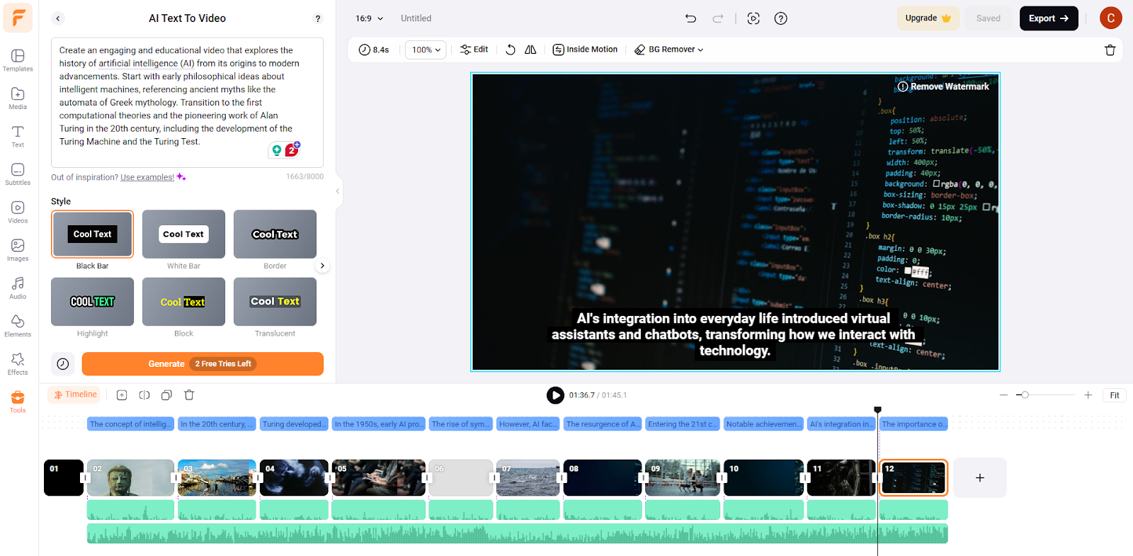 Screenshot of the FlexClip AI video generator interface, showing timeline, text styles, and video editing features.