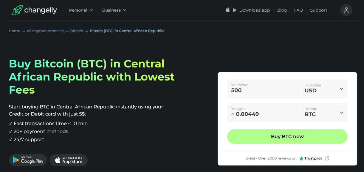  A screenshot of a webpage where Central Africans can buy Bitcoin on Changelly.