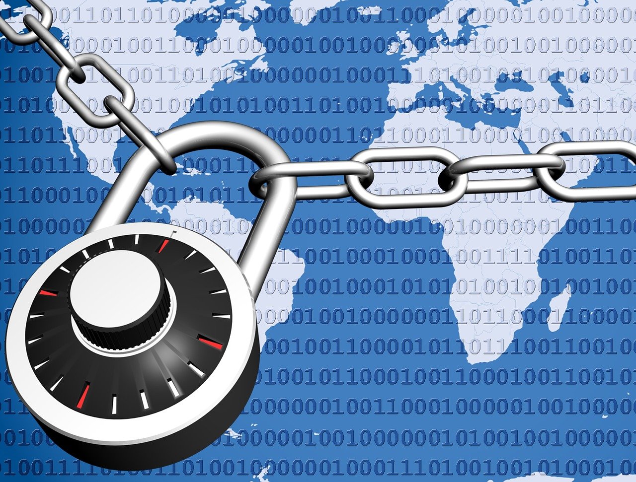 A padlock and chain are overlaid on a world map with binary code in the background.