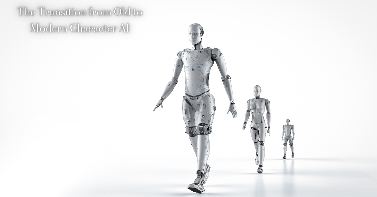 Three humanoid robots are depicted walking in a line, symbolizing the progression from older to modern versions of AI. The robots are sleek, with metallic bodies, and become more advanced in design as they approach the foreground. The image represents the evolution of character AI over time. A text overlay at the top left reads, "The Transition from Old to Modern Character AI."