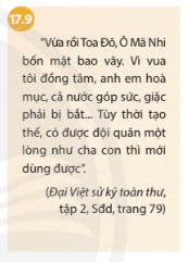 BÀI 17. BA LẦN KHÁNG CHIẾN CHỐNG QUÂN XÂM LƯỢC MÔNG NGUYÊN1. Cuộc kháng chiến chống quân xâm lược Mông Cổ năm 1258Câu 1: Dựa vào sơ đồ 17.1 và lược đồ 17.2, hãy trình bày diễn biến chính của cuộc kháng chiến chống quân Mông Cổ năm 1258.Đáp án chuẩn:Cuộc kháng chiến chống quân Mông Cổ năm 1258 của nhà Trần:- Năm 1257, Mông Cổ xâm nhập biên giới Đại Việt và gửi sứ giả dụ hàng.- Quân Trần dẫn đầu bởi vua Trần Thái Tông tổ chức chiến lược phòng thủ.- Ngày 17/1/1258, quân Mông Cổ bị đánh bại tại Bình Lệ Nguyên.2. Cuộc kháng chiến chống quân xâm lược Nguyên năm 1285Câu 1: - Khai thác thông tin trong bài và lược đồ 17.5, em hãy vẽ sơ đồ tư duy diễn biến chính của cuộc kháng chiến chống quân Nguyên năm 1285.- Khai thác tư liệu 17.3 và 17.4, em hãy rút ra đặc điểm chung về tinh thần chống giặc ngoại xâm của vua quan và nhân dân thời Trần. Đáp án chuẩn:- Sơ đồ tư duy diễn biến chính của cuộc kháng chiến chống quân Nguyên năm 1285: - Qua tư liệu 17.3 và 17.4, ta thấy được tinh thần chống giặc kiên cường, bất khuất, không chịu đầu hàng, lùi bước trước kẻ thù của vua quan và nhân dân thời Trần. 3. Cuộc kháng chiến chống quân xâm lược Nguyên năm 1287 - 1288Câu 1: - Dựa vào sơ đồ 17.6 và lược đồ 17.7, em hãy vẽ sơ đồ thời gian những diễn biến chính của cuộc kháng chiến chống quân Nguyên năm 1287 - 1288. - Vì sao khi bước vào kháng chiến, trước thế giặc rất mạnh, Hưng Đạo Vương lại khẳng định với vua Trần:  Năm nay đánh giặc nhàn